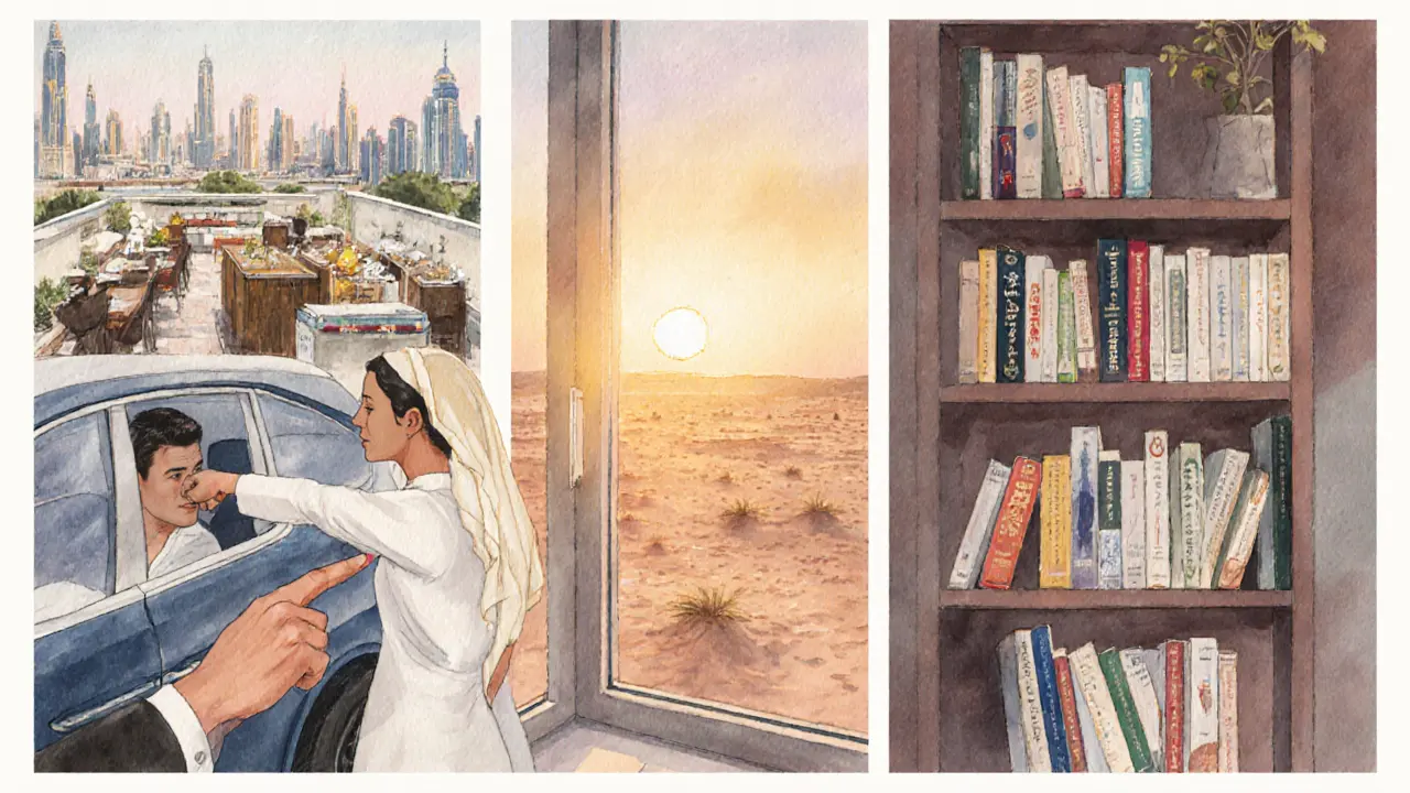 Subtle moments of cultural connection in Dubai: a rooftop bar, a sunset drive, and shared books.