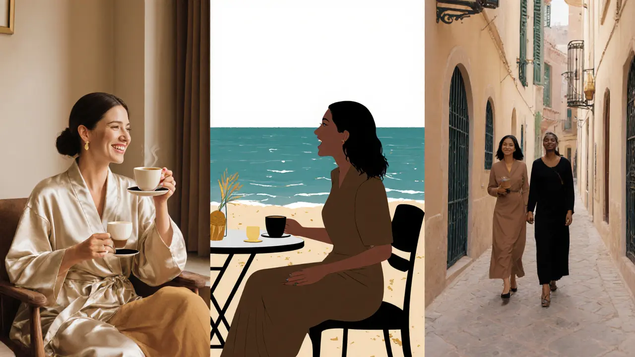 Three different companion profiles are represented through subtle scenes of companionship in Dubai’s diverse settings.