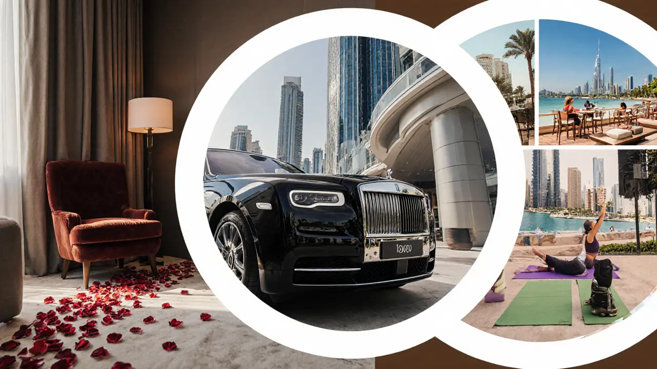 Three discreet luxury scenes symbolizing Dubai&#039;s companionship services: hotel suite, luxury car, and curated lifestyle moments.