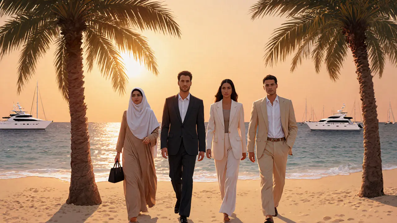 Three diverse companions walking peacefully along Palm Jumeirah beach at sunset, ocean reflecting golden light.