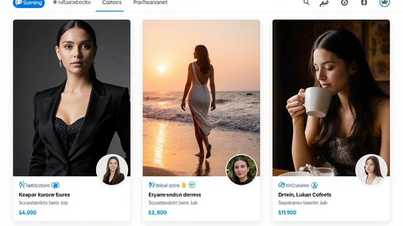 Three professional companions depicted in different settings: gala, beach, and café, symbolizing discreet companionship.