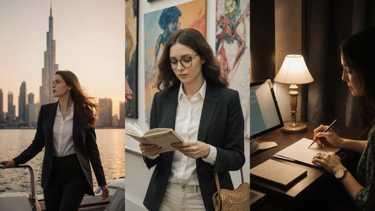 Three professional women in Dubai embodying high-end, independent, and virtual companionship in distinct settings.