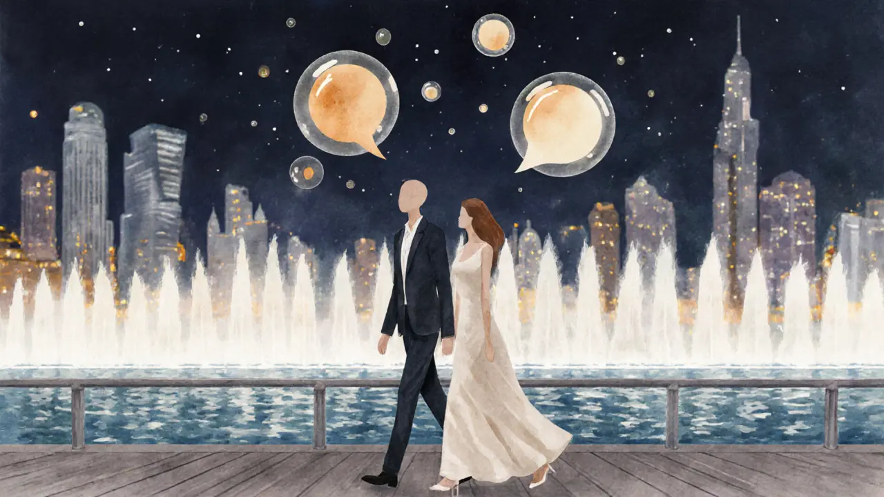 Two abstract figures walking by the Dubai Fountain at night, surrounded by glowing orbs symbolizing connection and quiet understanding.