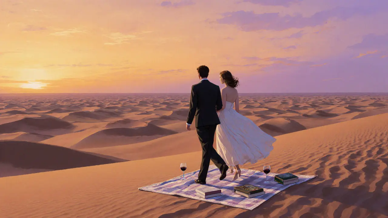 Two figures walking peacefully along desert dunes at sunset, surrounded by elegance and solitude.