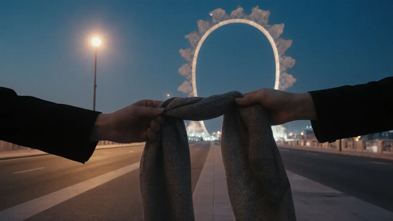 Two hands exchanging a scarf against the illuminated Dubai Frame at night.