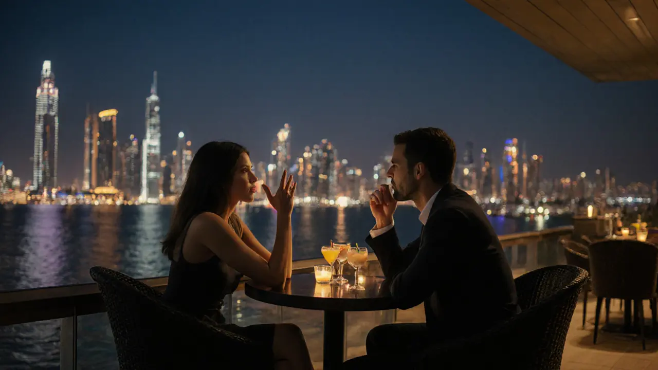 Two people at a rooftop bar in Dubai, sharing a quiet moment as city lights glow behind them.