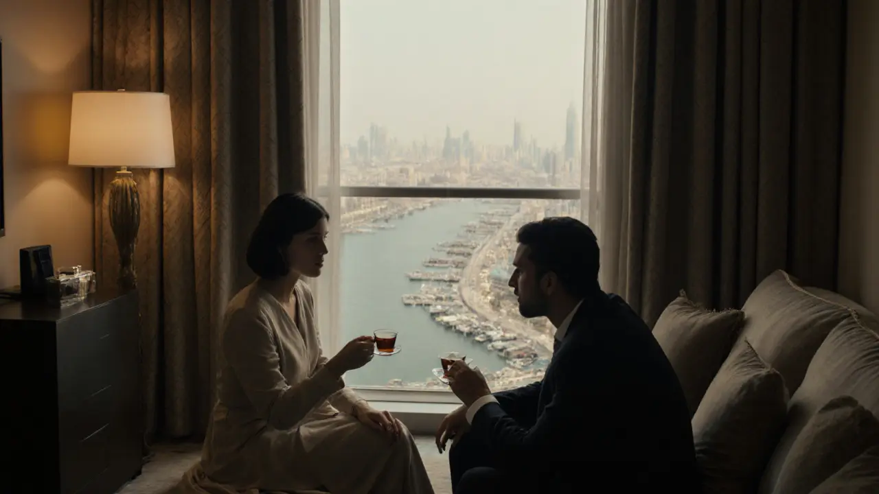 Two people sit calmly on a hotel sofa in Dubai, sharing tea and conversation under soft lighting, with the Marina skyline visible through the balcony.