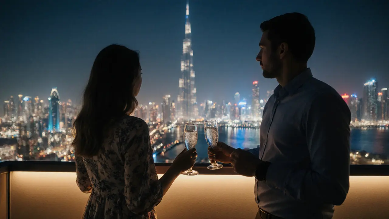 Two people standing silently on a Dubai rooftop at night, admiring the city lights together.