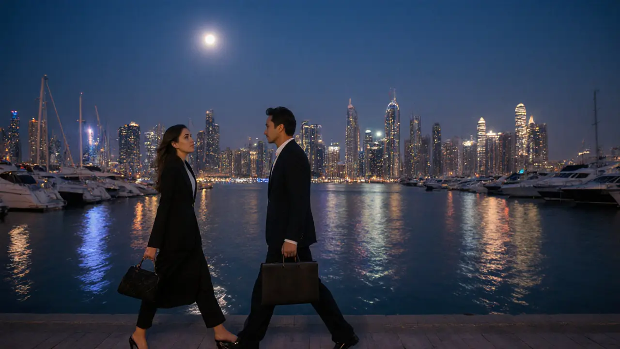 Two people walking peacefully along Dubai Marina at dusk, engaged in quiet conversation under the city&#039;s glowing skyline.