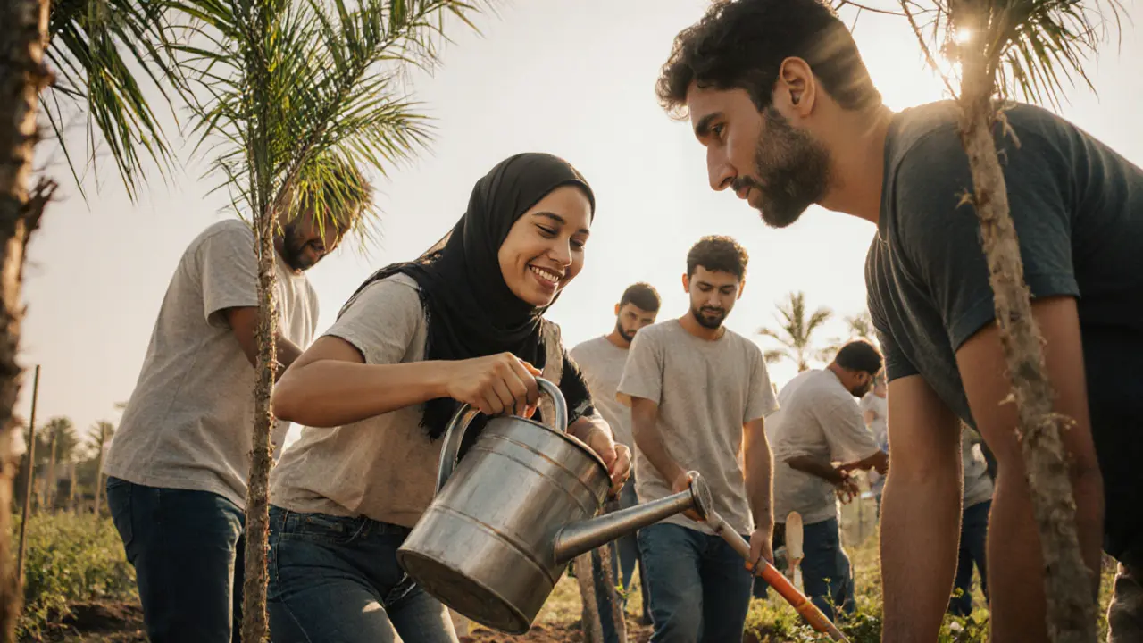Volunteers working together in a community garden in Dubai, sharing tools and smiling.