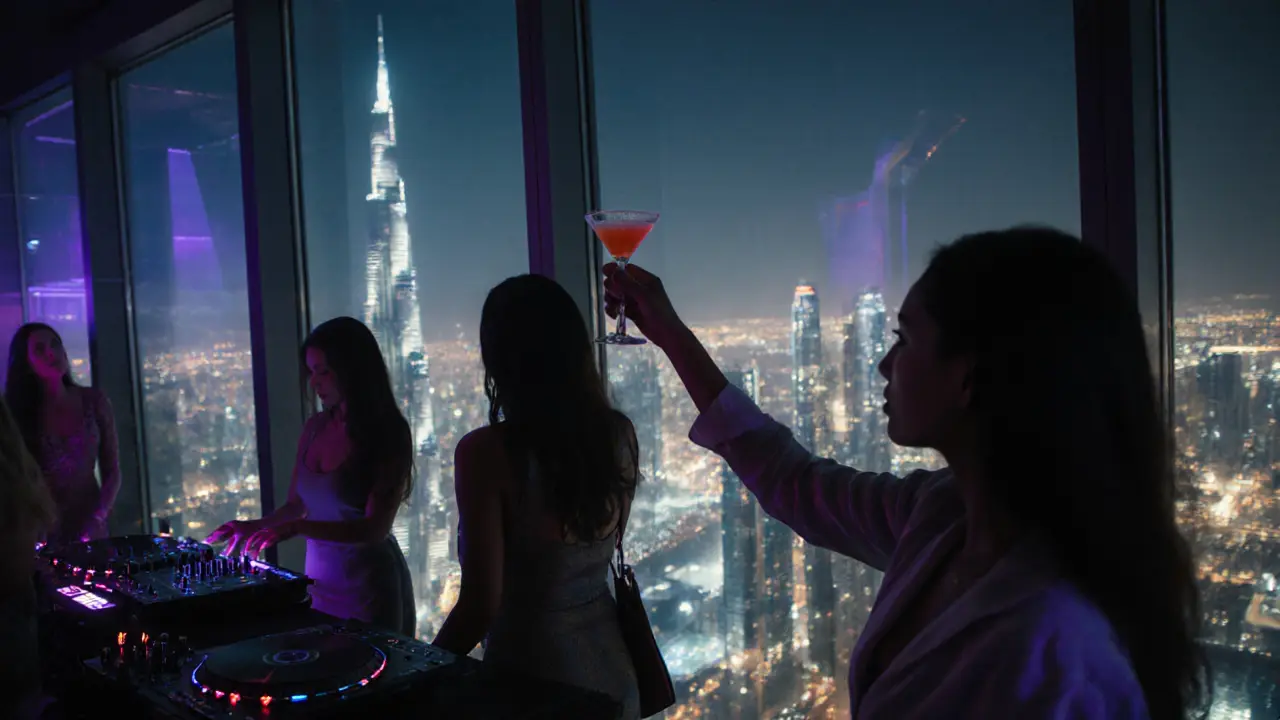 Women enjoying cocktails on a rooftop bar with Dubai&#039;s skyline glowing behind them.