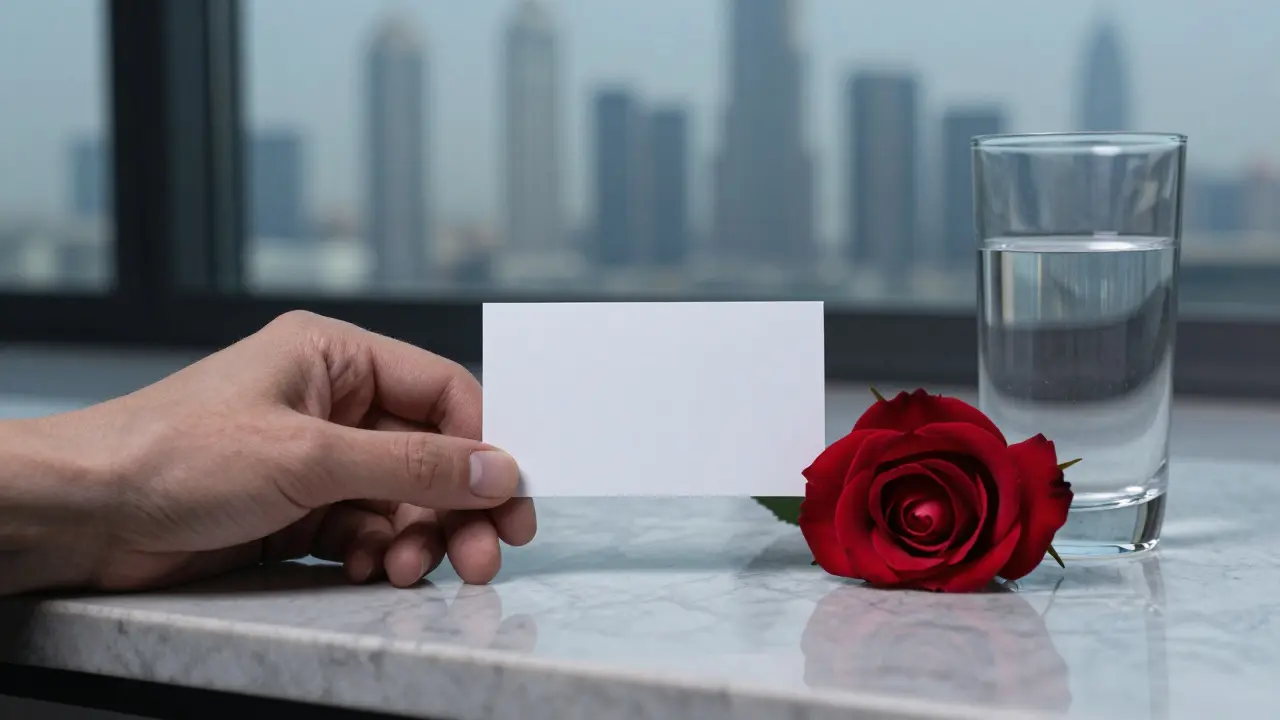 A business card and rose on marble beside a glass of water, with Dubai&#039;s skyline blurred in the background, symbolizing discreet companionship.