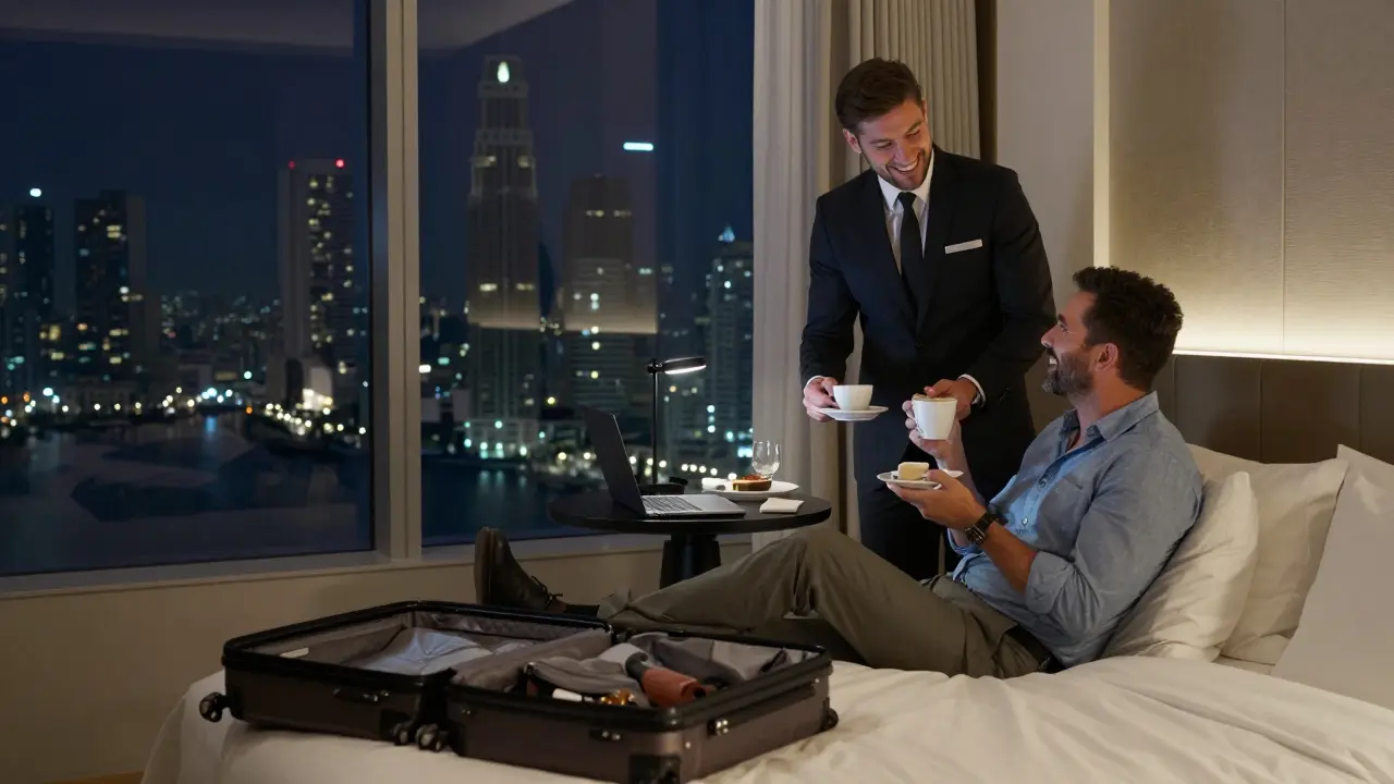 A business traveler relaxes with a companion in a hotel suite, sharing a quiet moment after a long day.