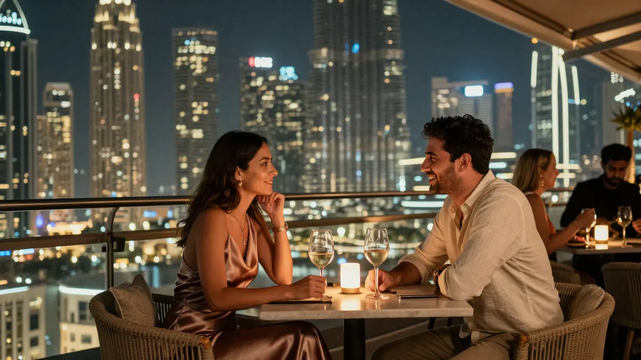 A couple conversing calmly at a rooftop bar in Dubai, skyline sparkling in the background.