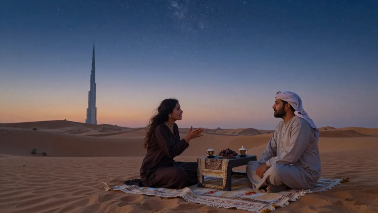 A couple enjoys a peaceful desert picnic at sunset, sipping coffee under the stars with Dubai&#039;s skyline faintly visible.