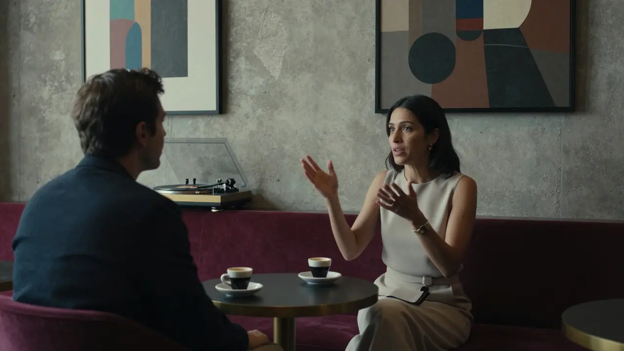 A cultured conversation in an art lounge in Alserkal Avenue, two people engaged over coffee and jazz music.