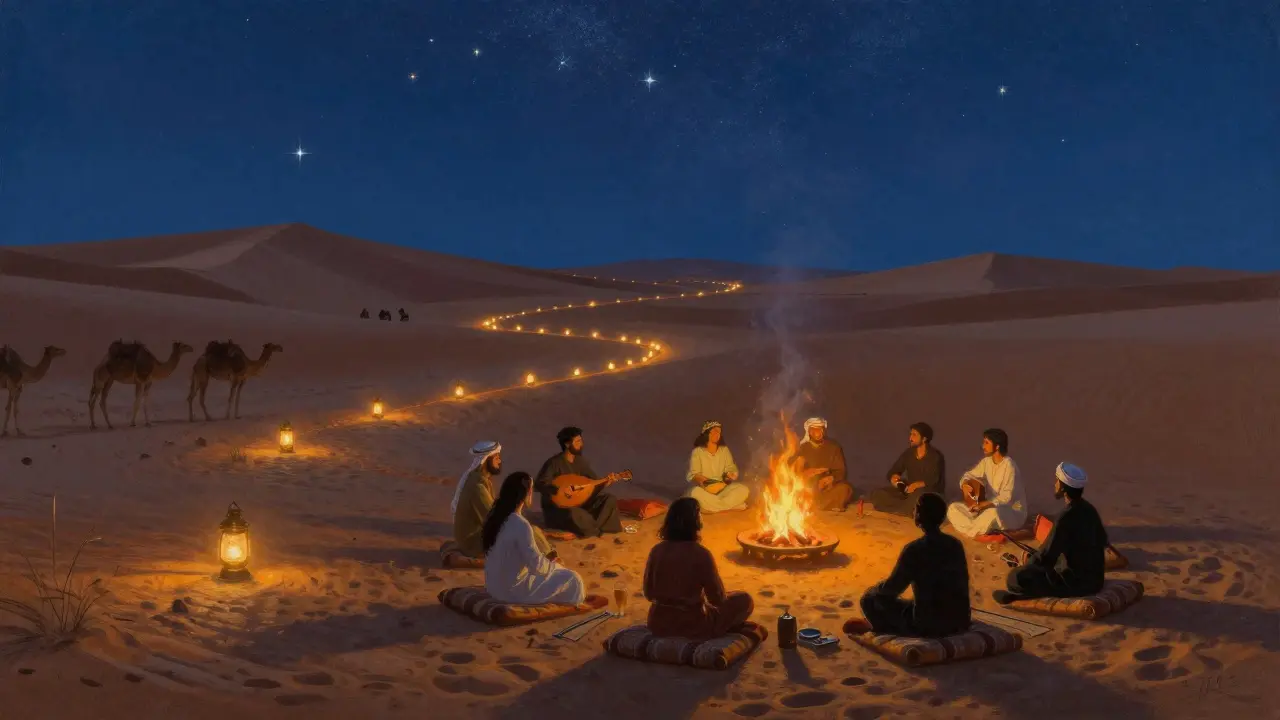A desert dune party at night with lanterns leading to a fire pit, people seated under a star-filled sky.