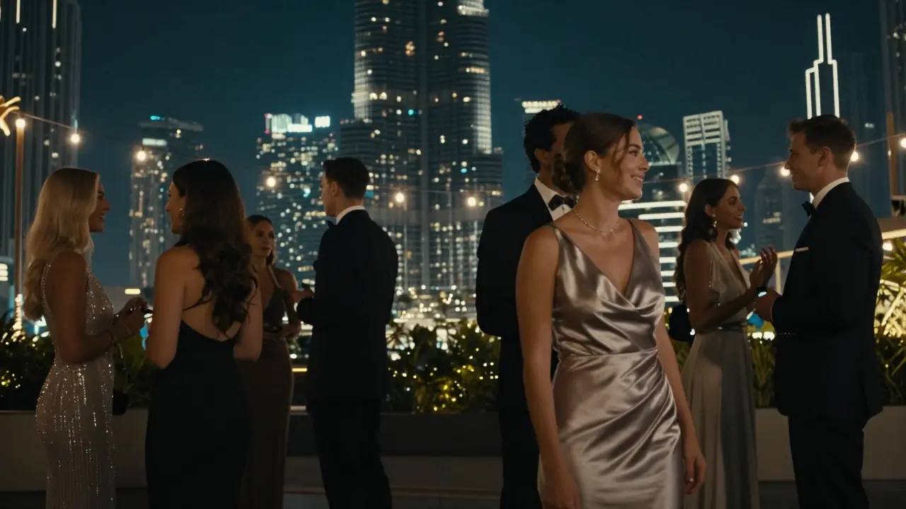 A discreet rooftop gathering at night with guests mingling softly, Burj Khalifa glowing in the distance.