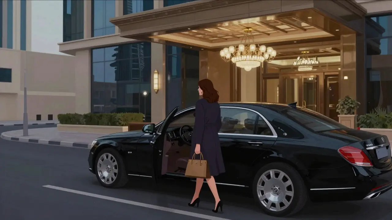 A European woman exiting a luxury car outside a Dubai hotel at night, dressed elegantly.
