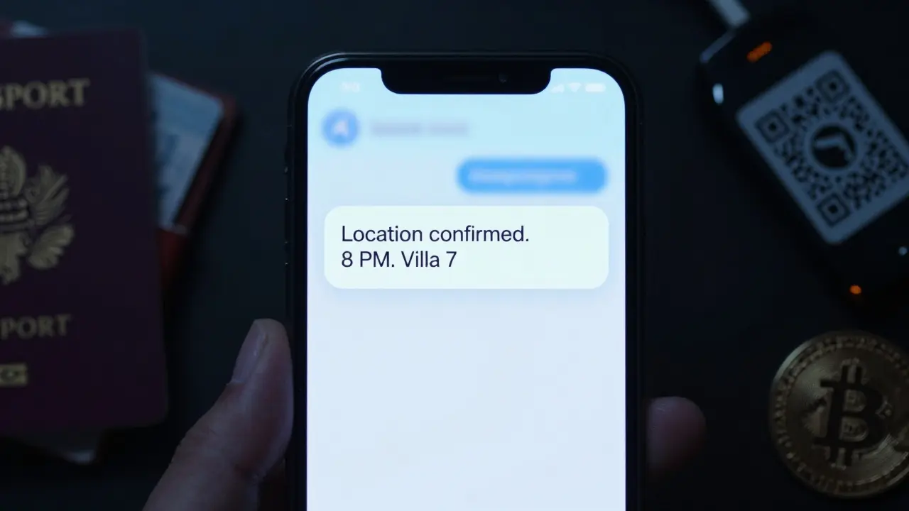 A glowing smartphone screen showing a discreet Telegram message with a meeting confirmation, surrounded by a passport and Bitcoin QR code in dim lighting.