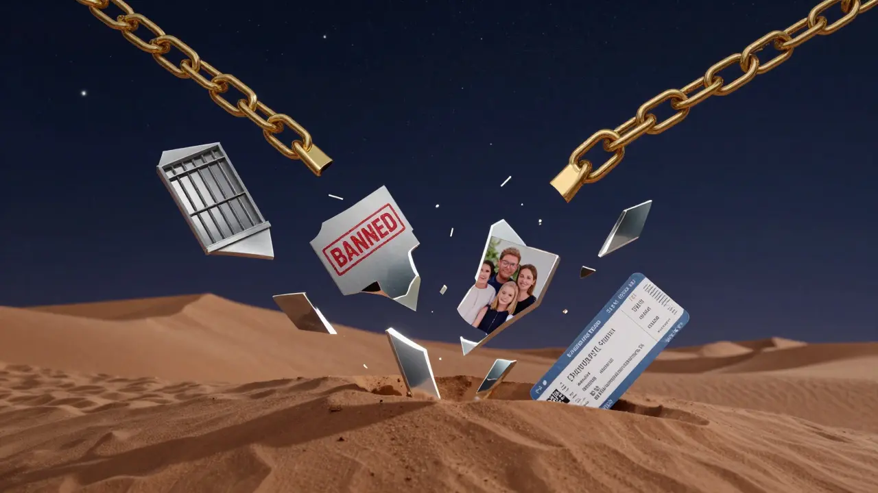 A golden chain shatters into symbolic fragments above desert dunes at night, each piece reflecting jail, deportation, family, and flight.