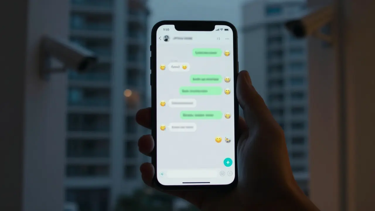 A hand holding a smartphone with encrypted WhatsApp messages displayed, no text visible.