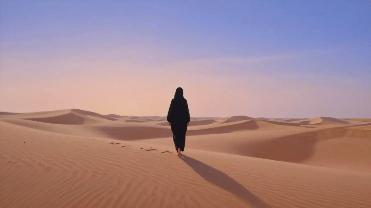 A lone woman walking peacefully across desert dunes at dawn, sky glowing softly in pastel hues.