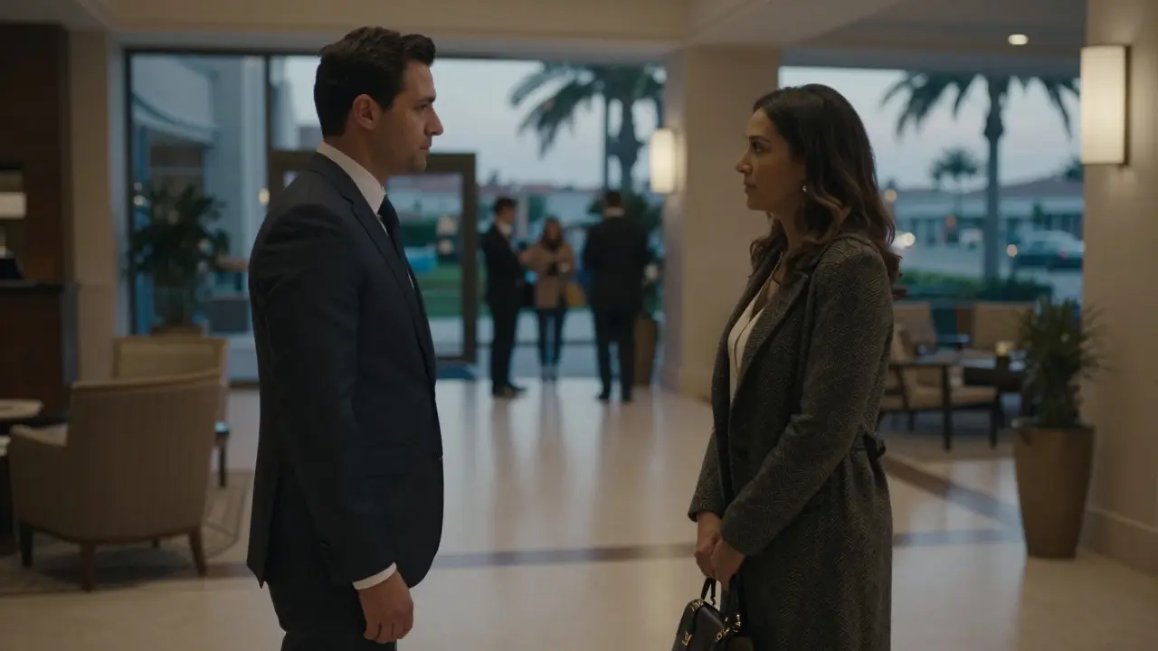 A man and woman exchange a quiet nod in a hotel lobby, no physical contact, discreet and professional.