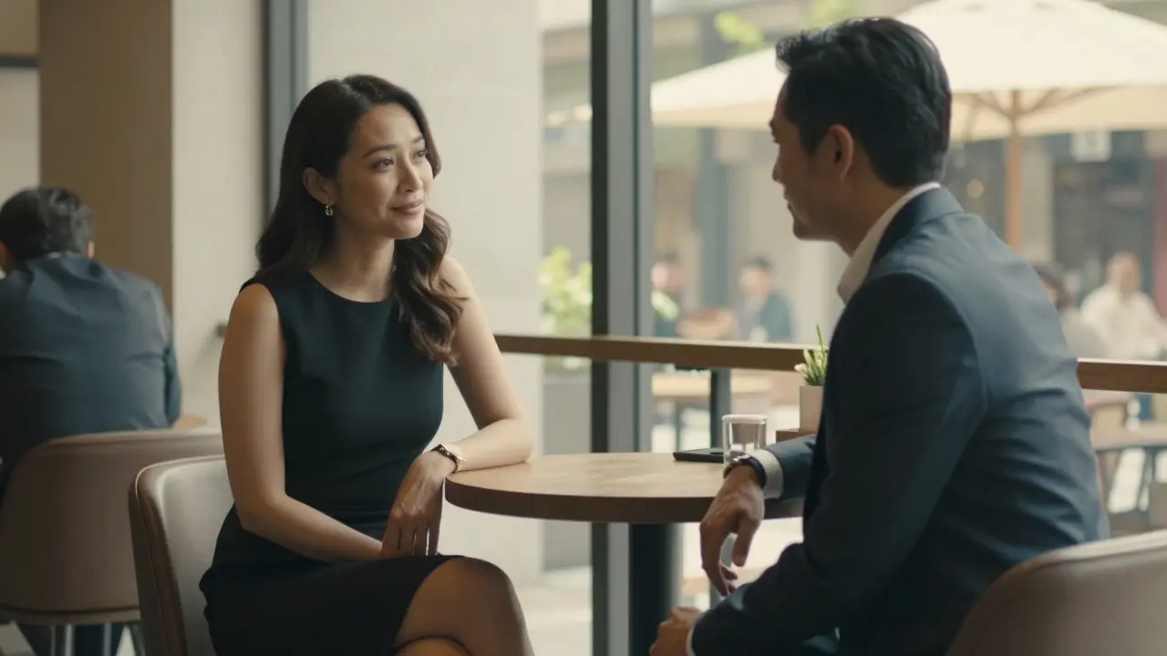 A man and woman having a calm, respectful conversation at a café in City Walk, Dubai, during daylight.