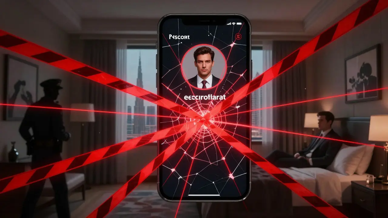 A man is ensnared by digital warning lines from a fake escort profile on his phone, police sirens flickering in the background.