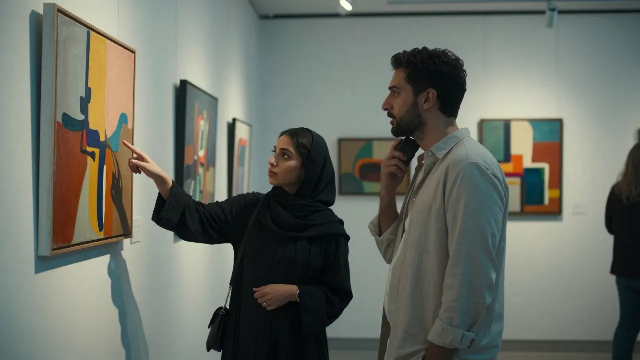 A man listening as an Emirati woman explains a painting at an art gallery opening.