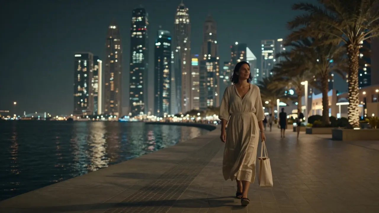 A man walks along Dubai Marina at night, watching a woman ahead in the glowing city lights.