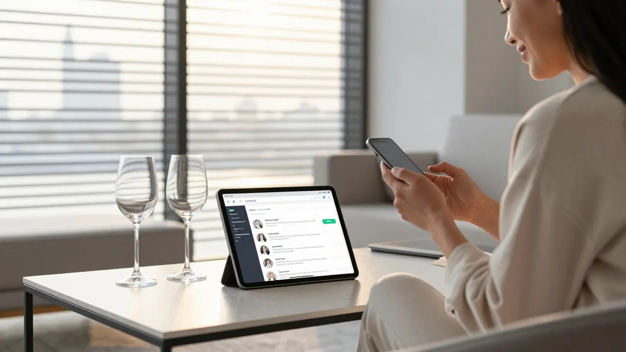 A modern Dubai Marina apartment with a tablet showing client reviews and two wine glasses on a table.
