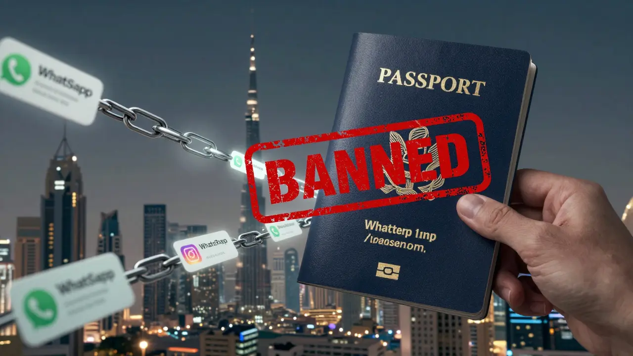 A passport stamped &#039;BANNED&#039; floats above Dubai&#039;s skyline, bound by digital messages and transaction chains.