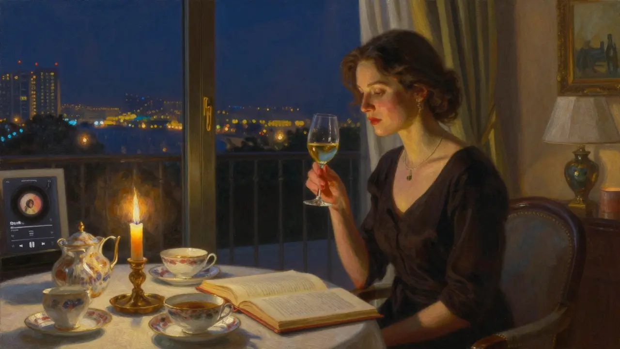 A private villa evening with a European woman and client sharing wine and music, candlelight casting warm shadows.