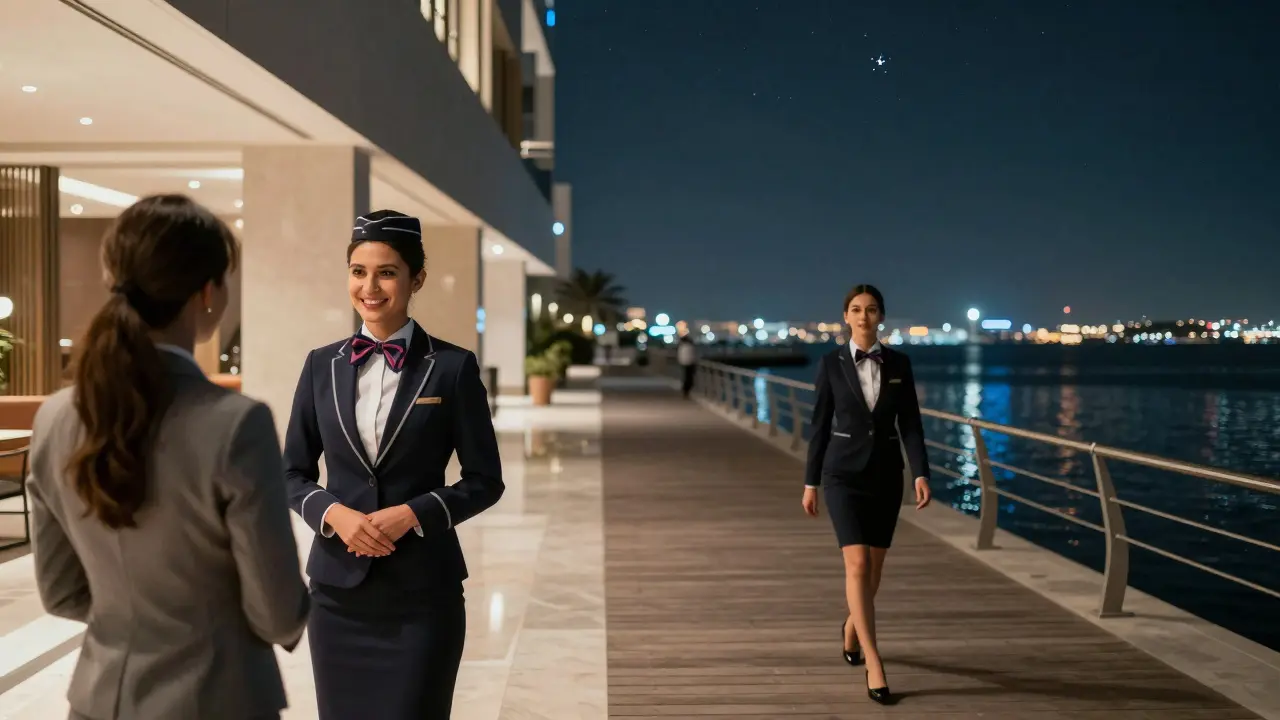 A professional companion greets a client in a luxury hotel lobby, then walks peacefully along Dubai Marina at night.