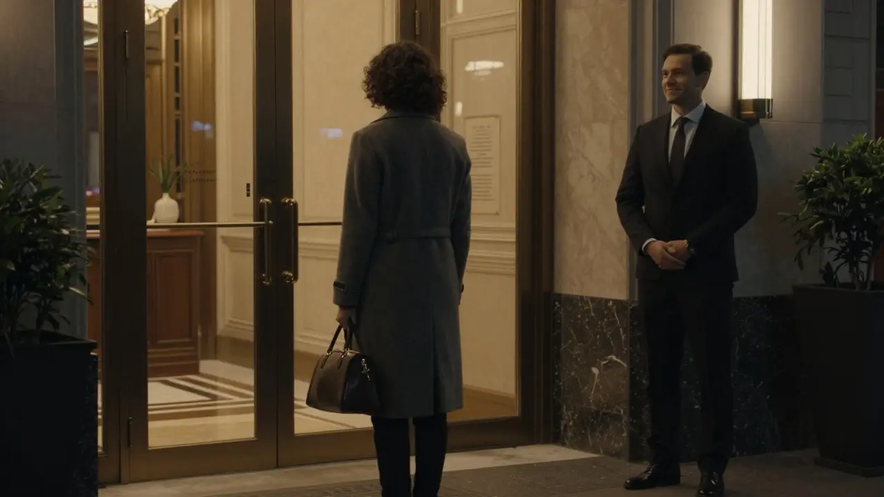 A professional escort and client meeting discreetly in a quiet hotel lobby at night.