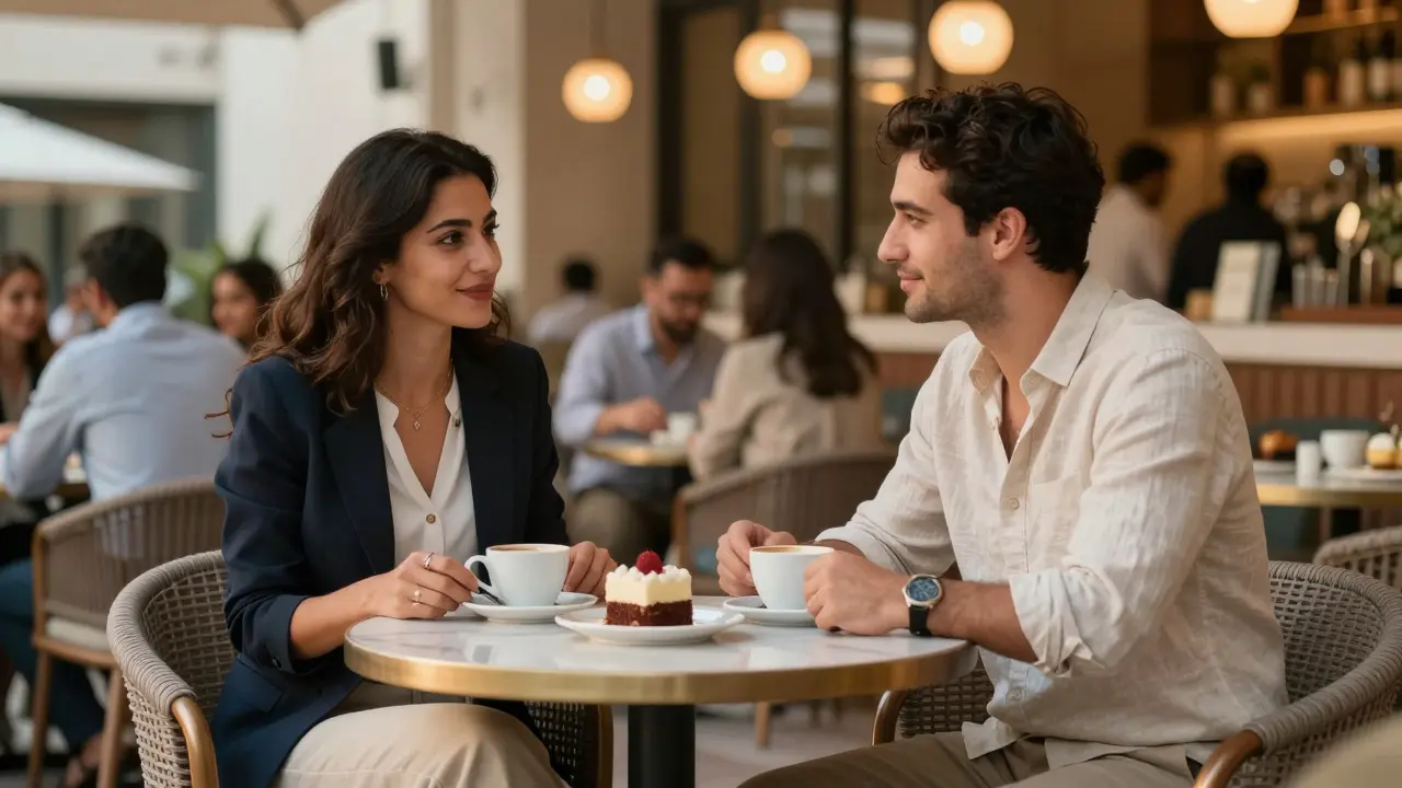 A professional man and woman having coffee together in a quiet Dubai café at dusk.