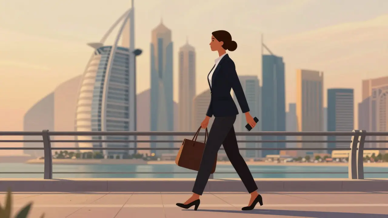 A professional woman walking calmly along the Palm Jumeirah boardwalk at sunset, dressed elegantly and carrying a tote bag.