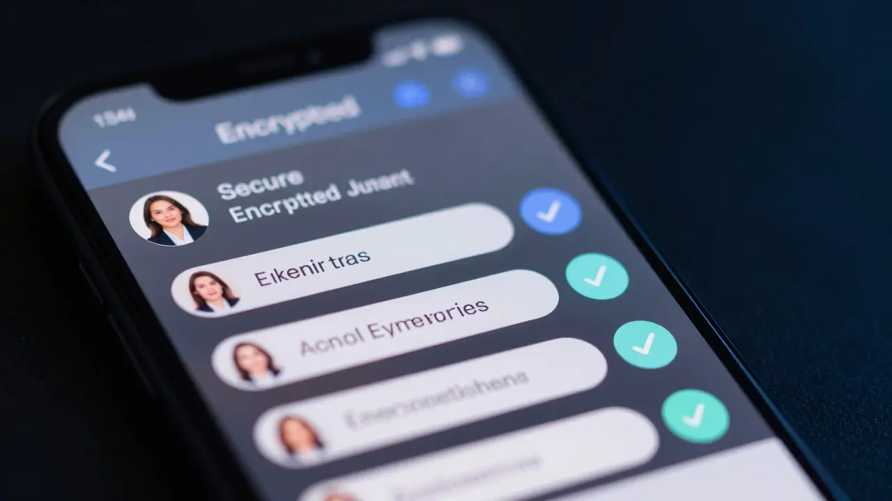 A secure encrypted messaging app on a smartphone with verification indicators.
