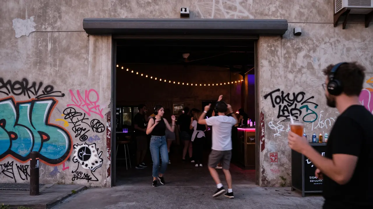 A silent disco in an arts warehouse in Alserkal Avenue, people dancing with headphones under string lights.