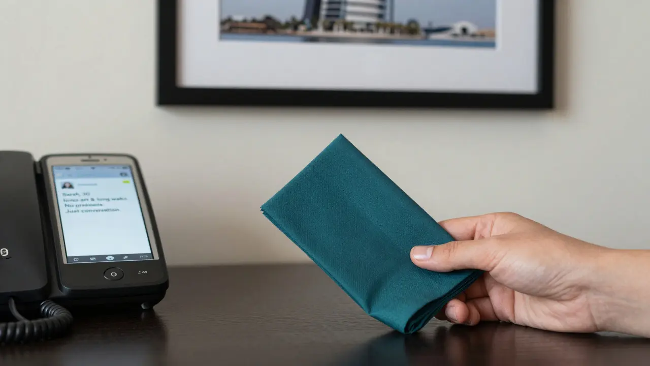 A simple hotel room table with a phone showing a discreet escort profile and a folded napkin.