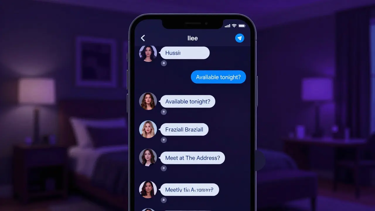 A smartphone screen showing a discreet Telegram chat with escort profiles in a dark room.