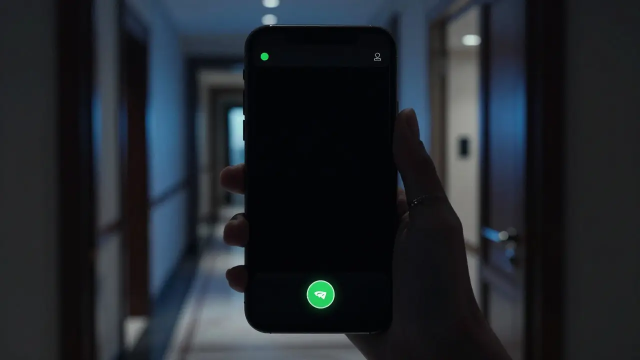 A smartphone showing a Telegram app with blurred hotel corridor behind, conveying discreet communication.