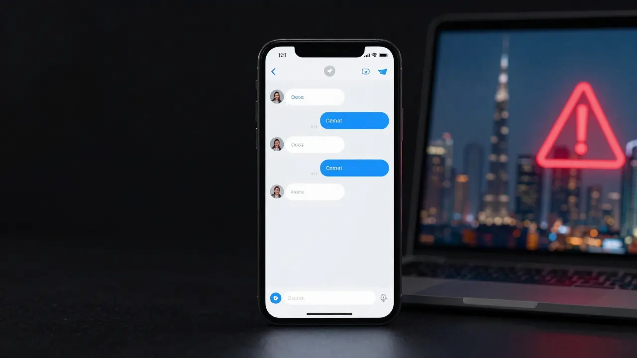 A smartphone shows an encrypted chat with no visible text, beside a laptop displaying Dubai&#039;s skyline.