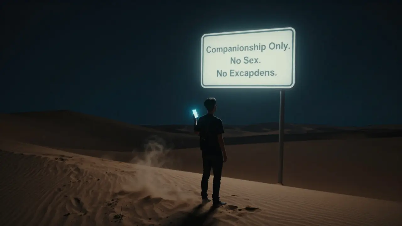 A solitary figure facing a desert night with a glowing phone and legal warning in the sky.