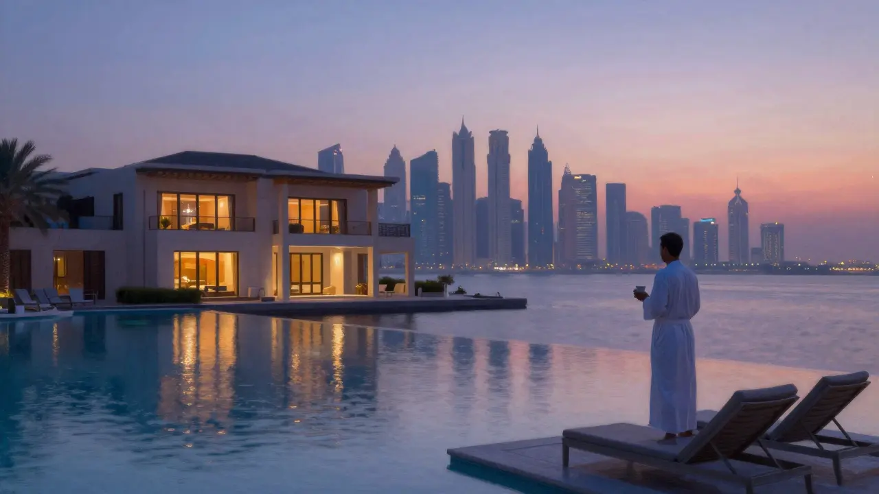 A solitary figure standing by a pool at a luxury Dubai villa at dusk, city lights reflecting on water, serene and contemplative atmosphere.