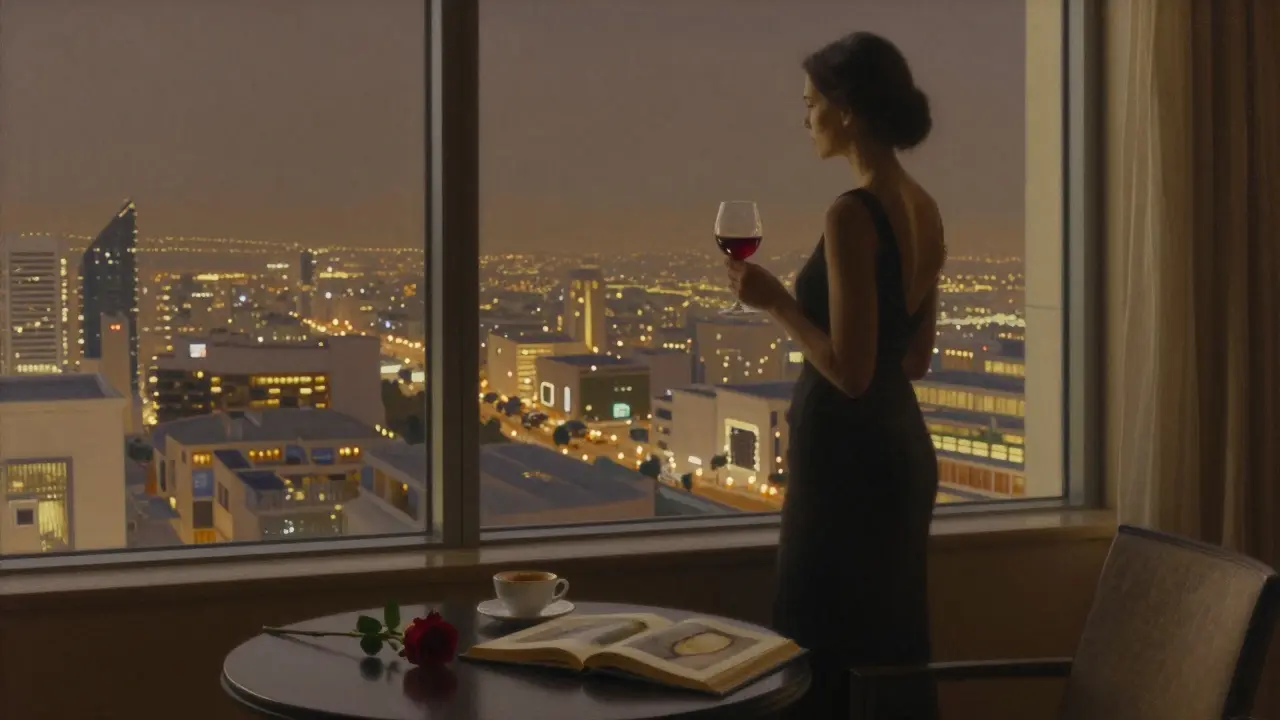 A sophisticated hotel suite with a woman holding wine, overlooking Dubai's skyline, exuding quiet elegance.