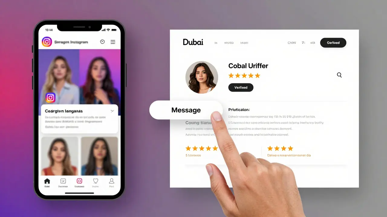 A split screen showing spammy ads versus a verified escort profile website on a phone.