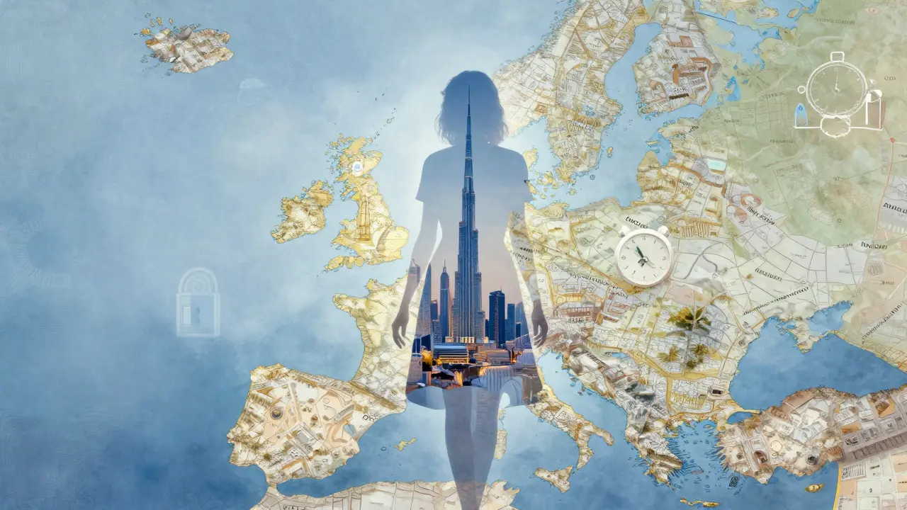 A symbolic silhouette of a woman made of European maps merging with Dubai’s skyline.